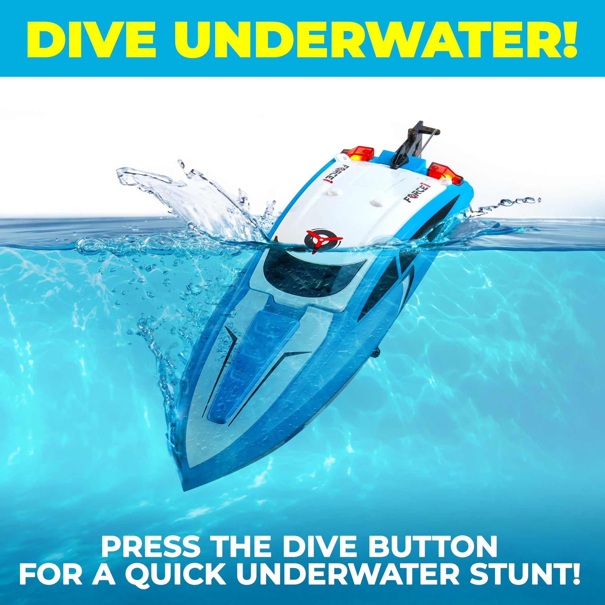 Force1 Velocity Blue Fast RC Boat- Remote Control Boats for Adults and Kids, Underwater Speed Racing Mini RC Boats for Pools and Lakes, 2.4GHZ