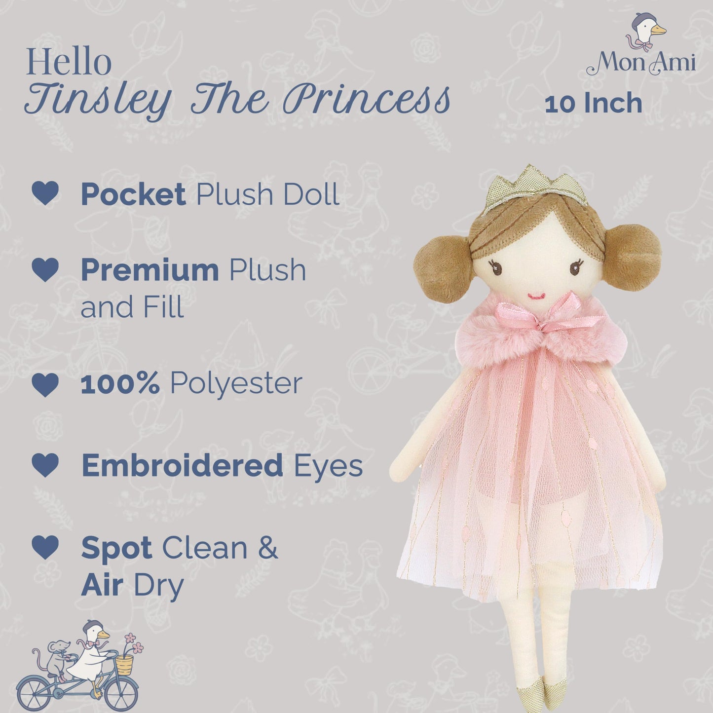MON AMI Tinsley Princess Pocket Doll, 10-Inch Plush Collectible Girls