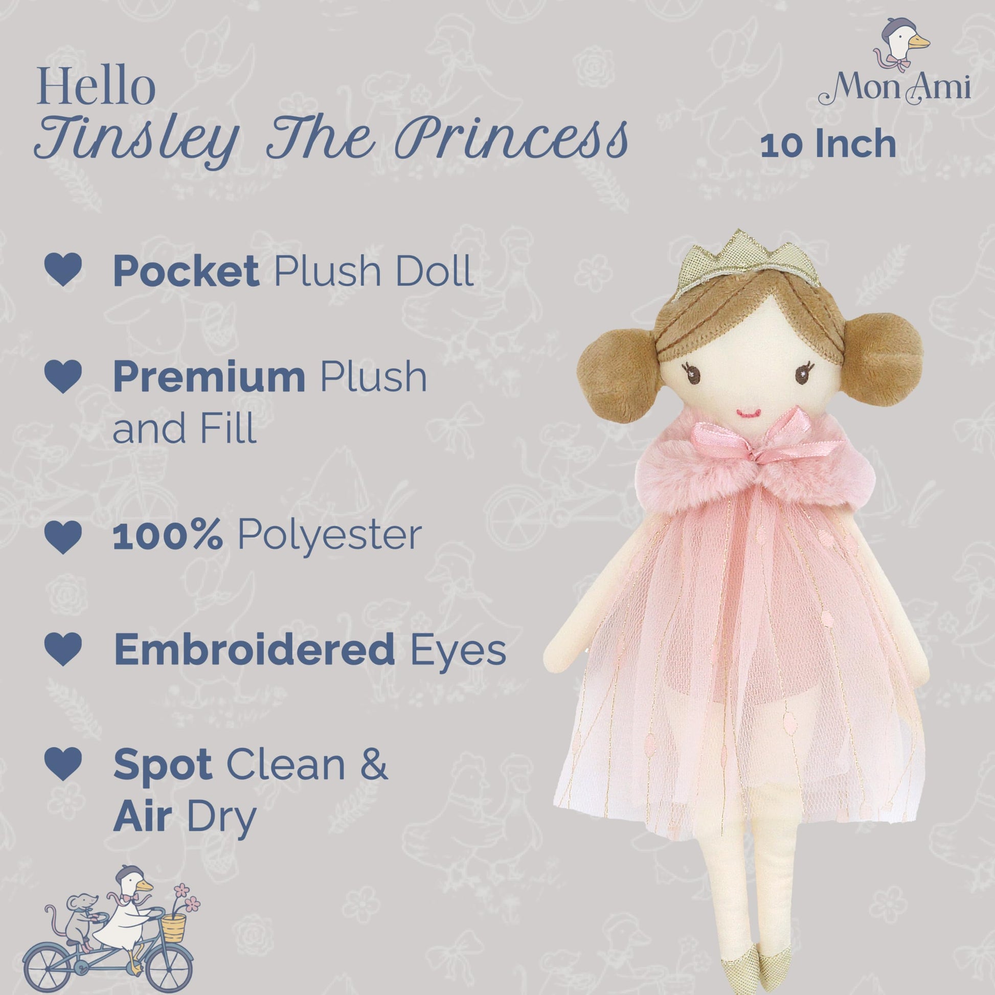 MON AMI Tinsley Princess Pocket Doll, 10-Inch Plush Collectible Girls