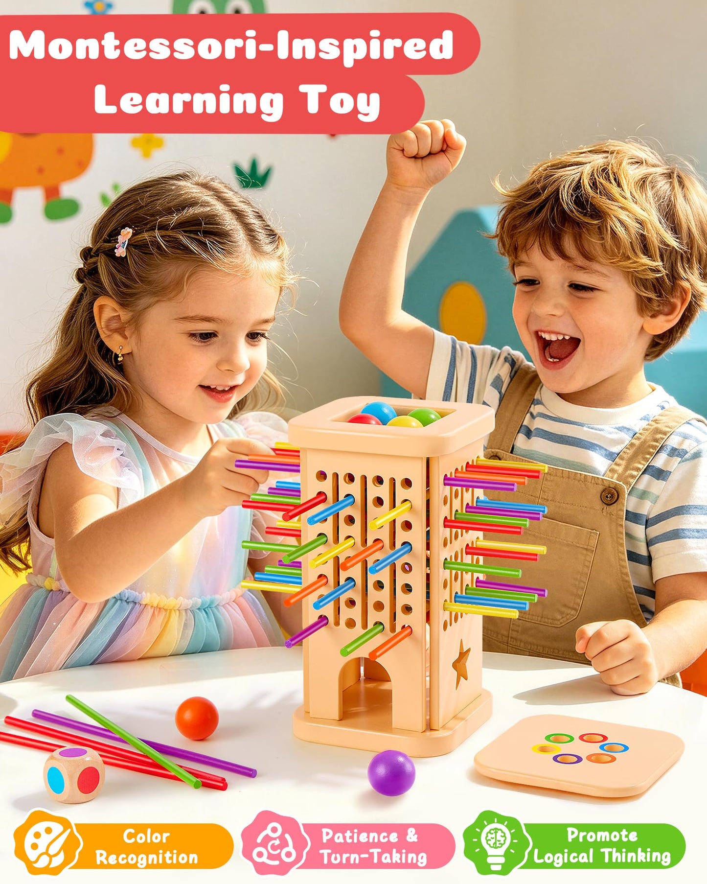 Montessori Wooden Board Game for Kids 3-8, Color Matching Fine Motor Toy