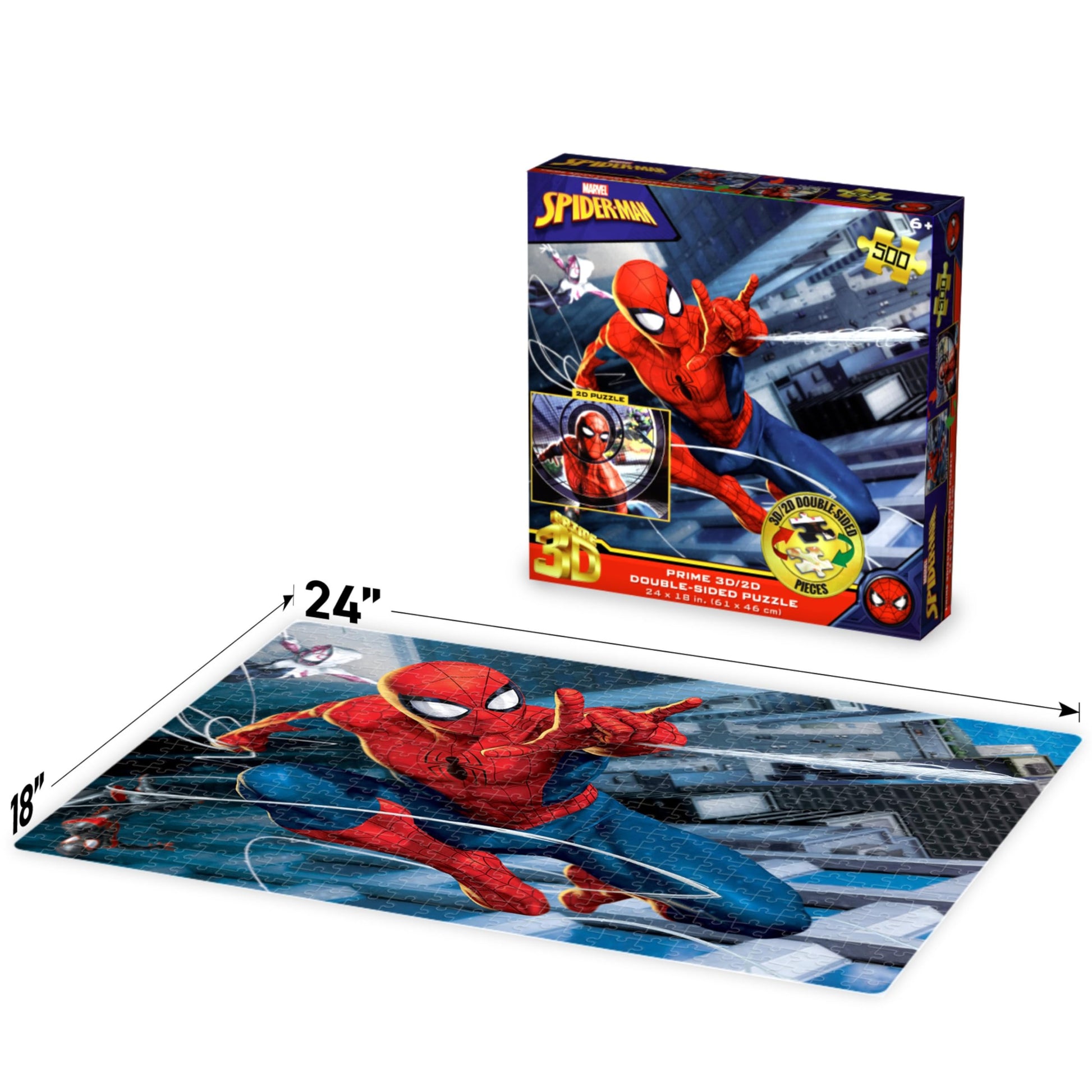Prime 3D Marvel Spider-Man Double-Sided Puzzle - 500 Piece 3D/2D Lenticular Jigsaw for Adults & Kids, 24"x18" Motion-Depth Activity, Official