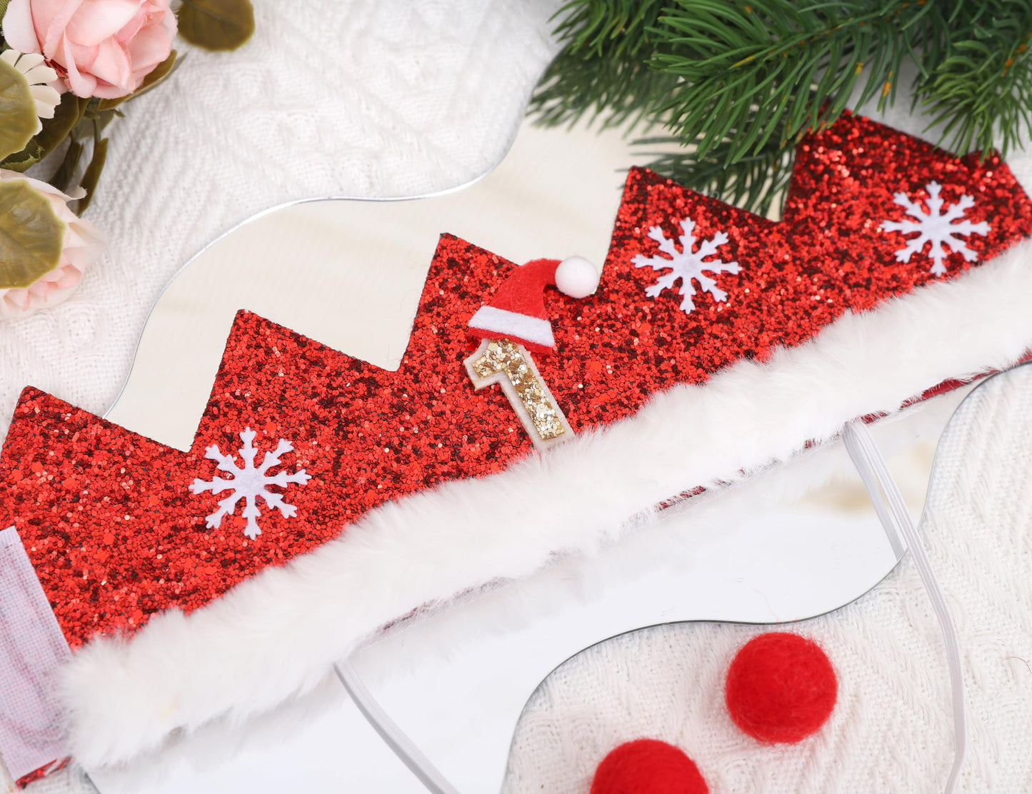 DSAANE Santa 1st Birthday Crown - Christmas Theme Party Decorations, Red Glitter Crown, Little Santa Smash Cake Hat