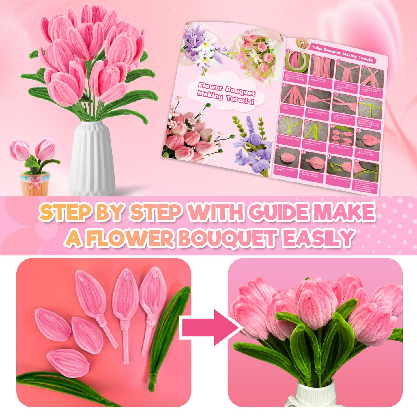 Pipe Cleaners Craft Flowers Kit 791 Pcs, 400 Pcs 7 Colors 8mm Fuzzy Pipe Cleaners Bulk (Tulips/ Lilies), 360 Pcs Stamen, Chenille Stems for DIY Flower
