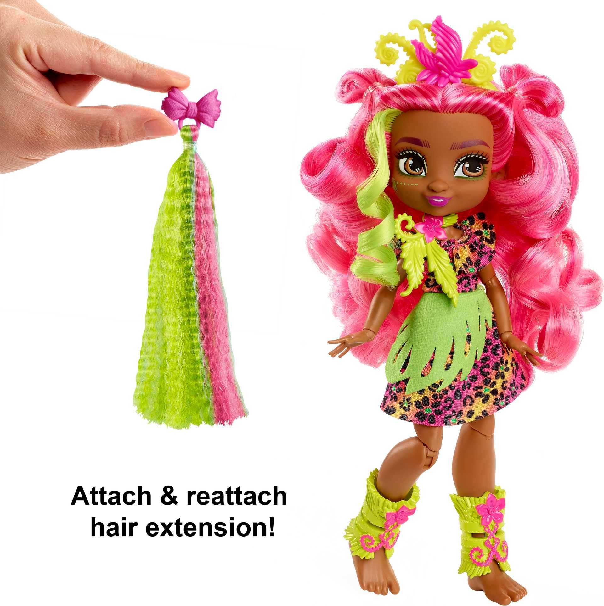 Mattel Cave Club Fernessa Doll (8-10-inch, Pink Hair) Poseable Prehistoric Fashion Doll with Dinosaur Pet and Accessories, Gift for 4 Year Olds and Up