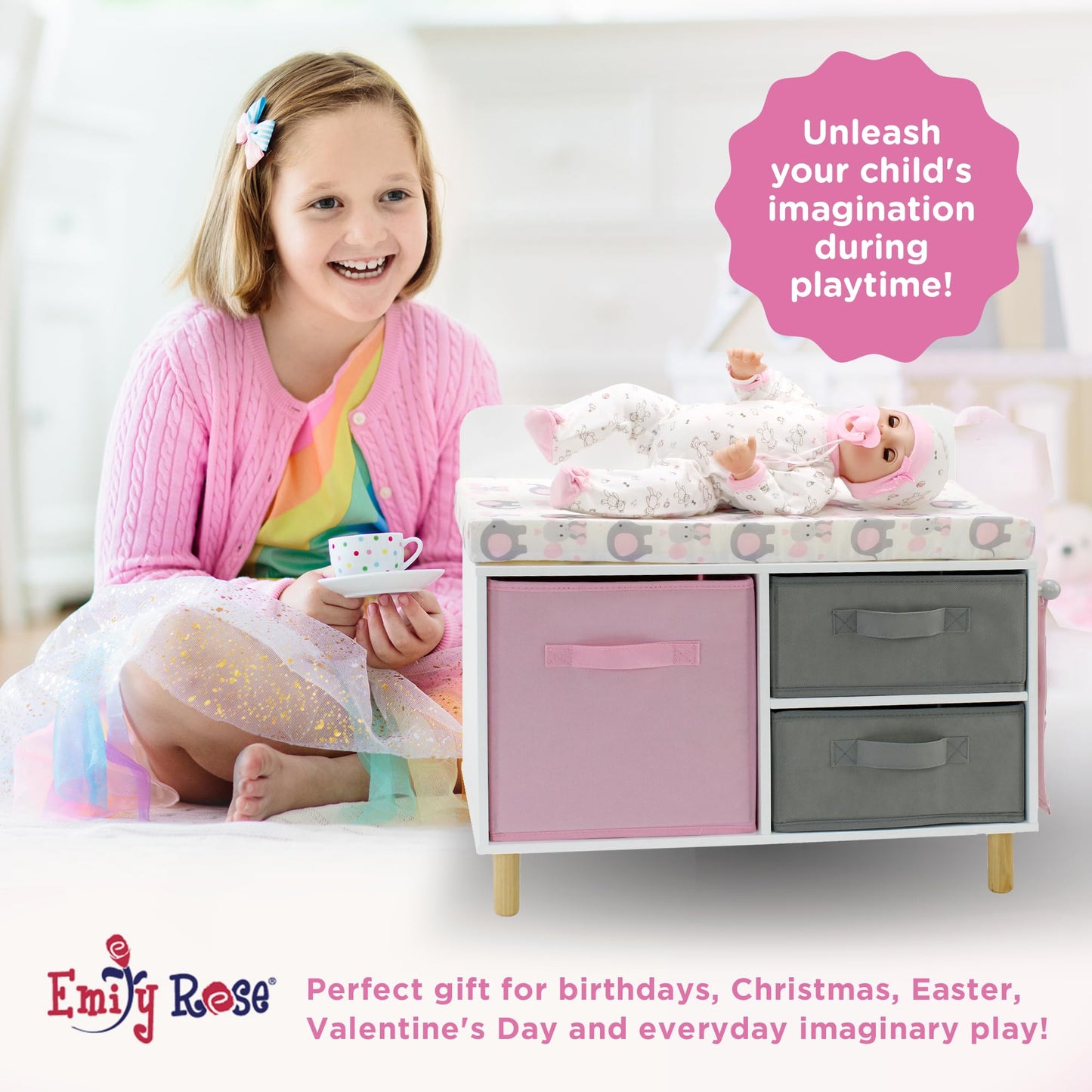 Emily Rose 14-19 Inch Baby Doll Nursery Furniture Changing Table - Elephant Theme with Large Storage Bins, Accessories Pouch & Thick Pad - Doll NOT