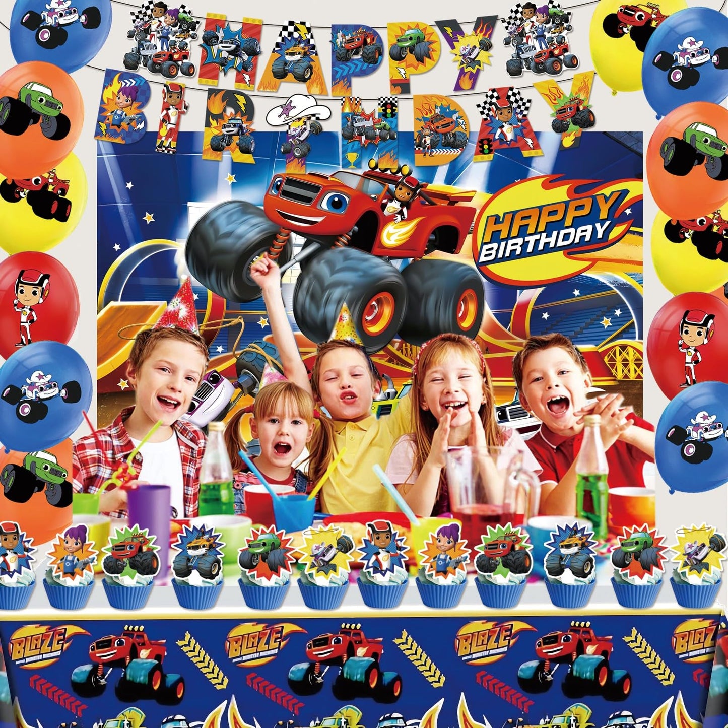 121 Pcs Monster Truck Birthday Party Supplies,Included Banner,Backdrop,Tablecloth,Plates,Balloon,Racing Car Tableware Set for Boy Truck Party