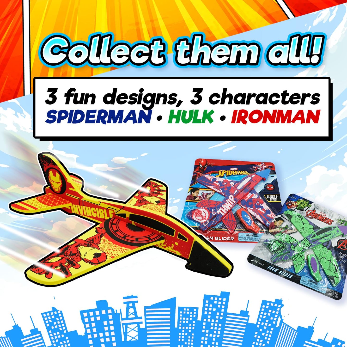 JA-RU Marvel Foam Glider Toy. Launching Airplane Toy For Kids. Glides & Dives High. (Pack of 3) with Spiderman, Hulk, & Iron Man. Classroom Prize, Gag
