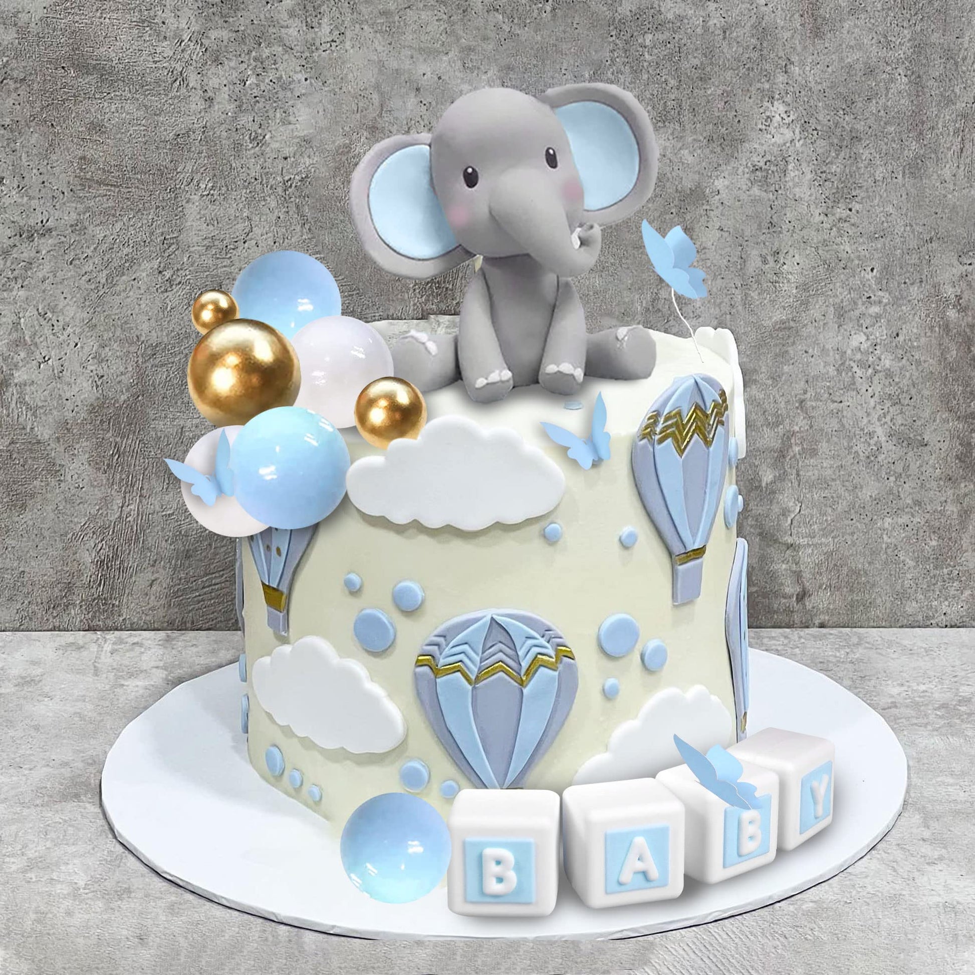 Elephant Cake Decoration Mini Elephant Cake Topper Blue Letter Cake Toppers Gold Blue White Pearl Ball for Elephant Theme Birthday Supplies (BLUE)