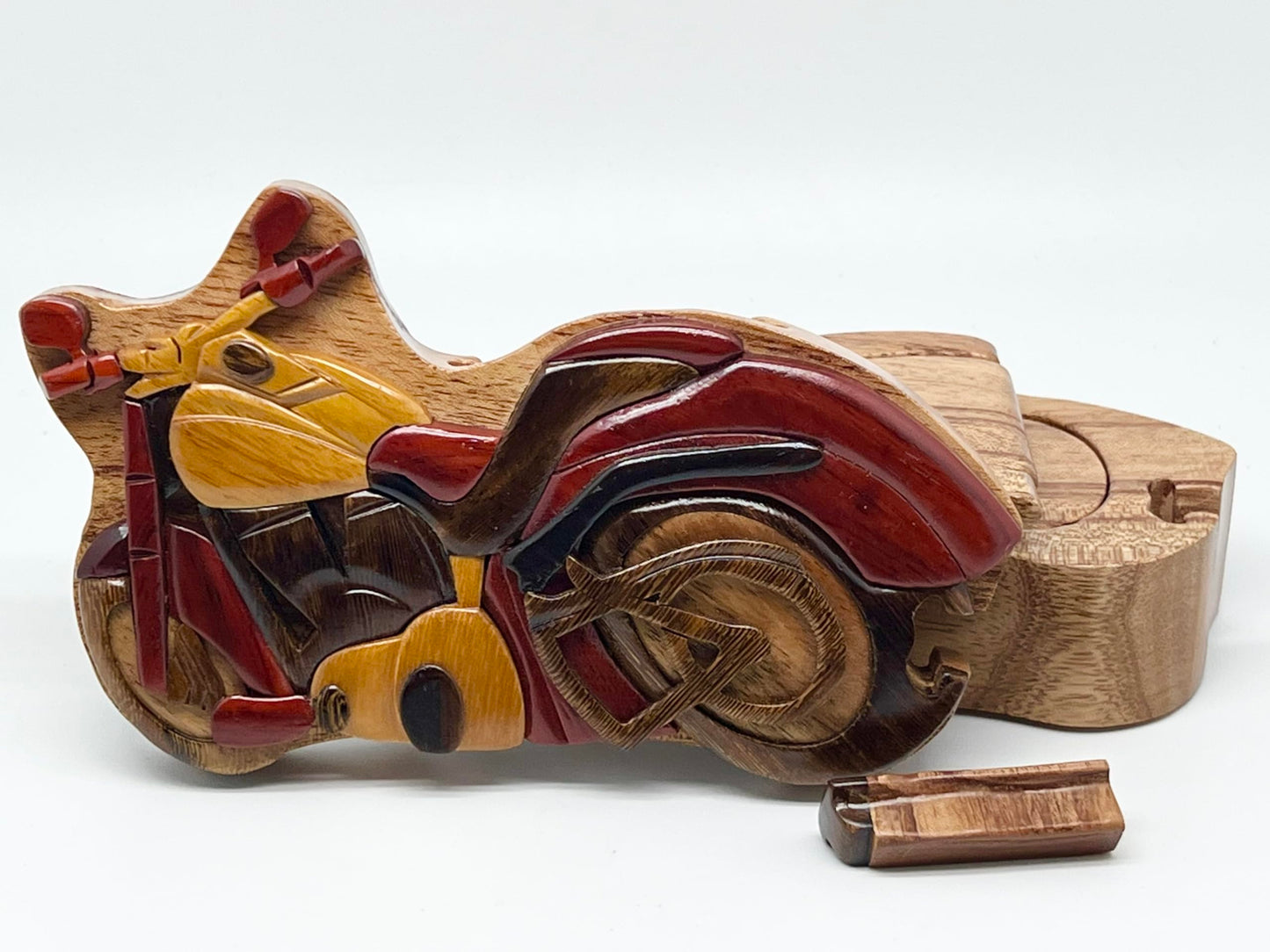 The Handcrafted Motorcycle Wooden Puzzle Box - Hand Carved Wood Trinket Box - All Natural Intarsia Wood Art