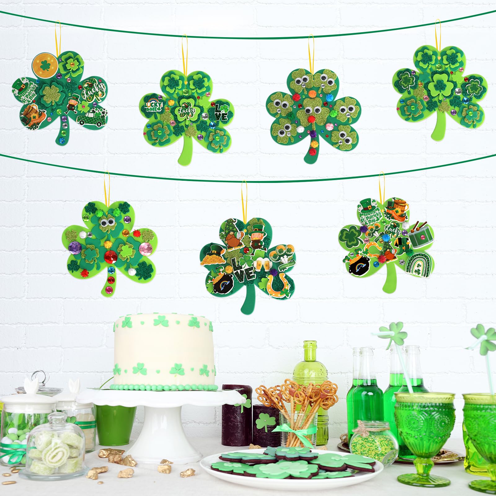 Openfly 24 Sets St. Patrick's Day Shamrock Ornaments DIY St. Patrick's Day Foam Craft Kit Irish Clover Shamrock Foam Stickers Self-Adhesive Craft