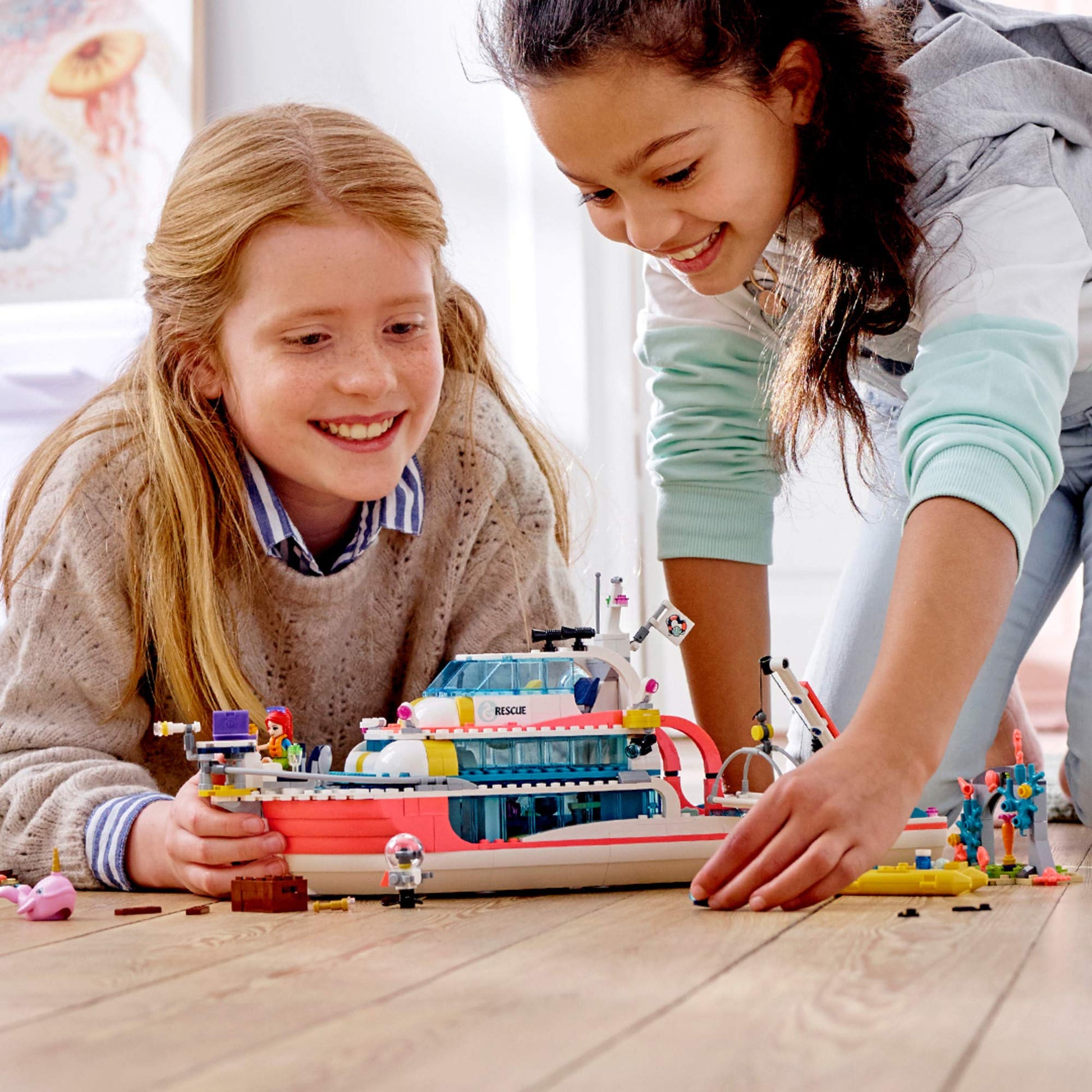 LEGO Friends Rescue Mission Boat 41381 Toy Boat Building Kit with Mini Dolls and Toy Sea Creatures, Rescue Playset Includes Narwhal Figure, Treasure