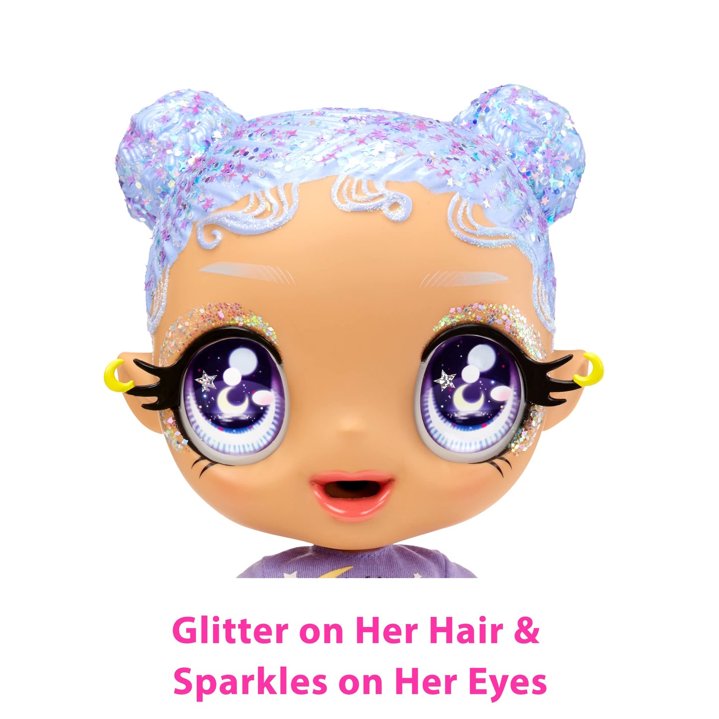 MGA Entertainment Glitter Babyz Selena Stargazer Baby Doll 3 Magical Color Changes, Pastel Purple Glitter Hair, Moon & Stars Outfit, Diaper, Bottle
