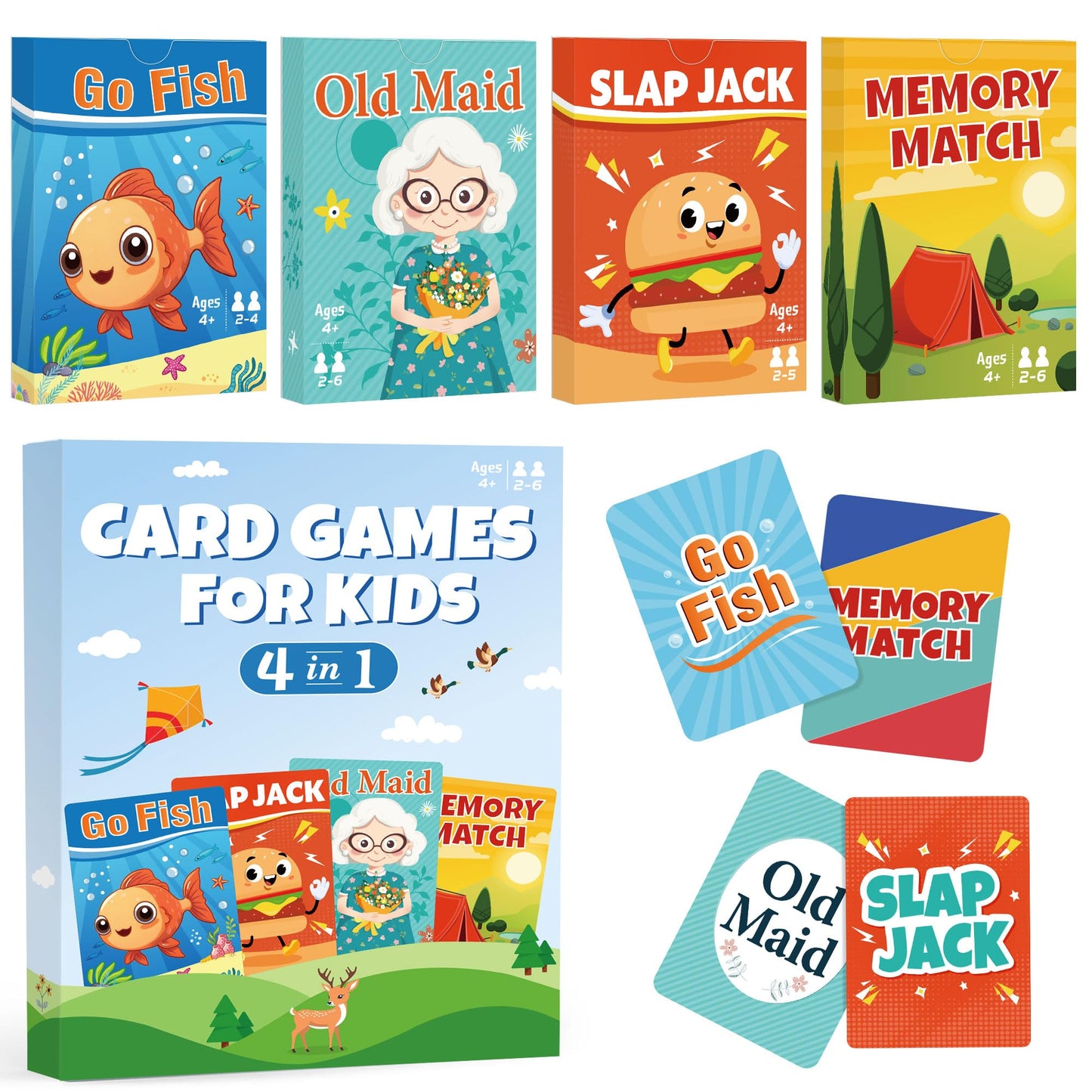 Etyishe Card Games for Kids Toddlers, Go Fish, Old Maid, Slap Jack and Memory Match, 4 Decks in 1 Pack, Fun Educational Gard Games for Family Game