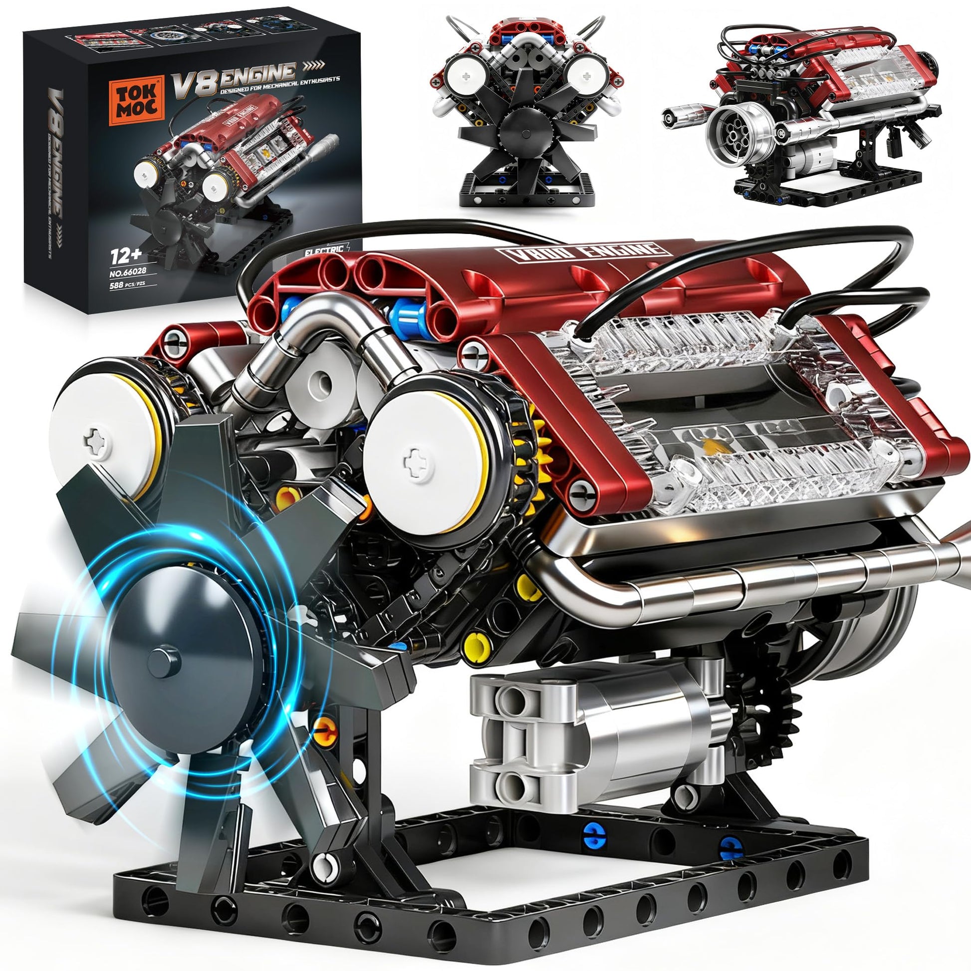 HGYYGACN V8 Engine Building Blocks Sets, V8 Engine Model Kit, Runnable Model Engine Building Sets, Mini Engine Kits with Crankshaft & Rotating Fan