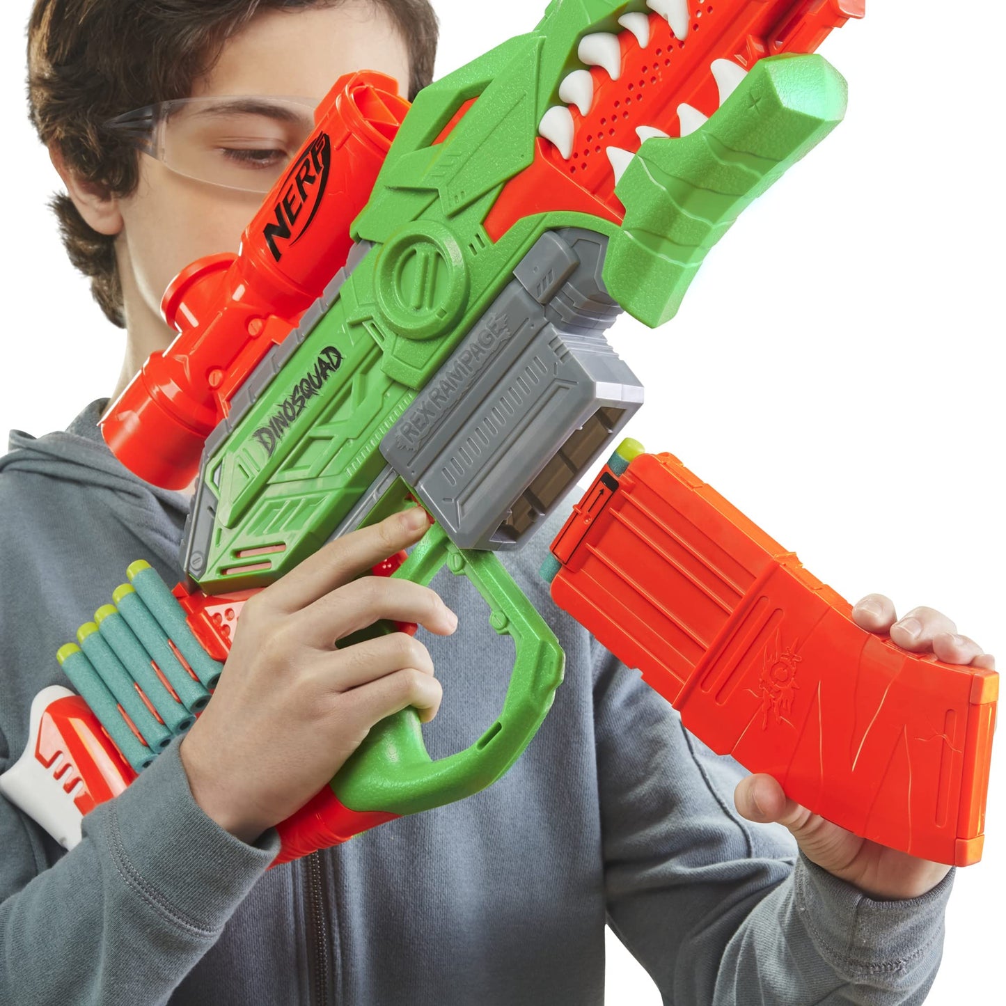 Nerf DinoSquad Rex-Rampage Motorized Dart Blaster, 10-Dart Clip, 20 Official Darts, 10-Dart Storage- T-Rex Dinosaur Design, Red