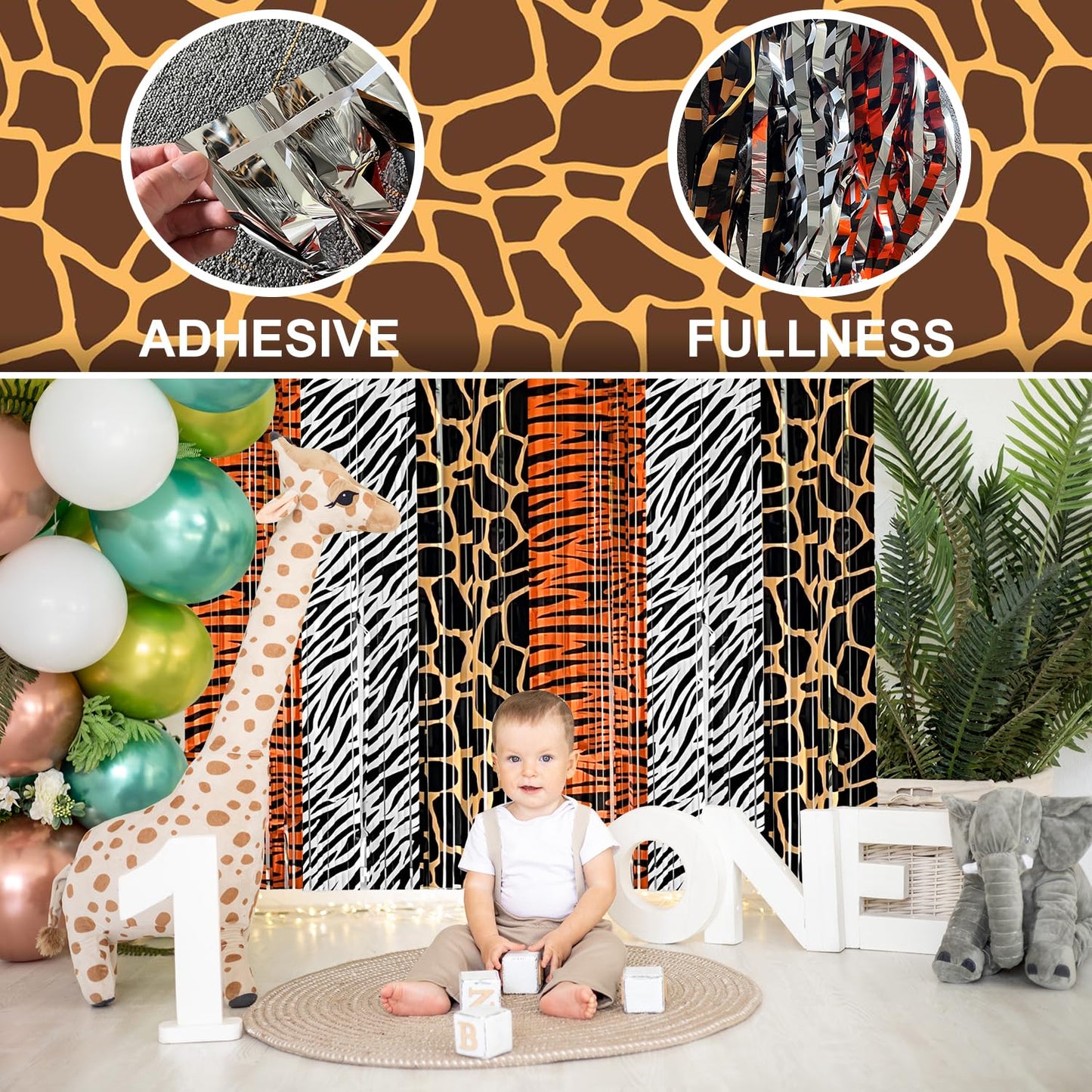 Safari Animal Party Decorations, 2 Pcs Party Animals Birthday Backdrops Tinsel Foil Curtain Streamers for Wild Jungle Animals Baby Shower Birthday