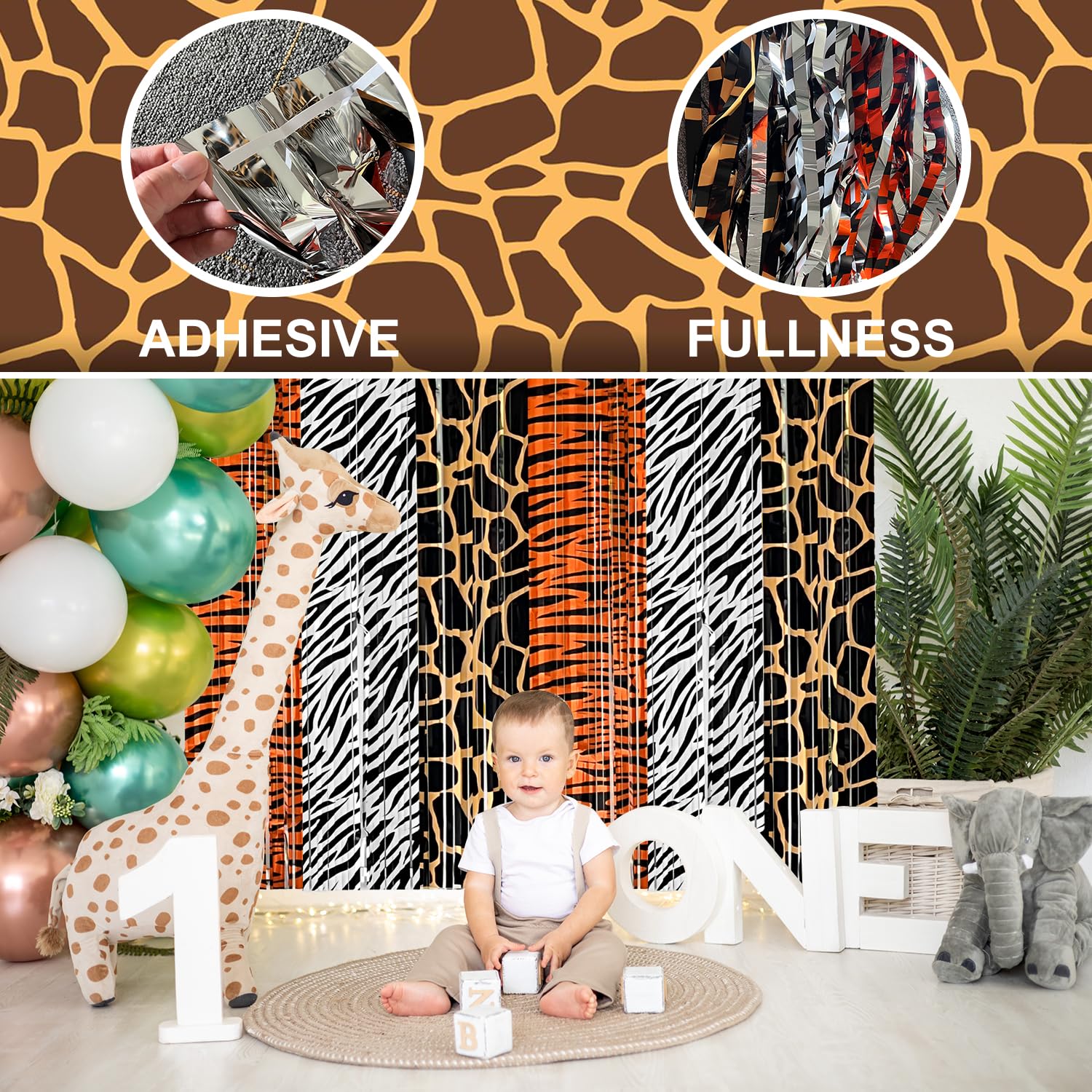 Safari Animal Party Decorations, 2 Pcs Party Animals Birthday Backdrops Tinsel Foil Curtain Streamers for Wild Jungle Animals Baby Shower Birthday