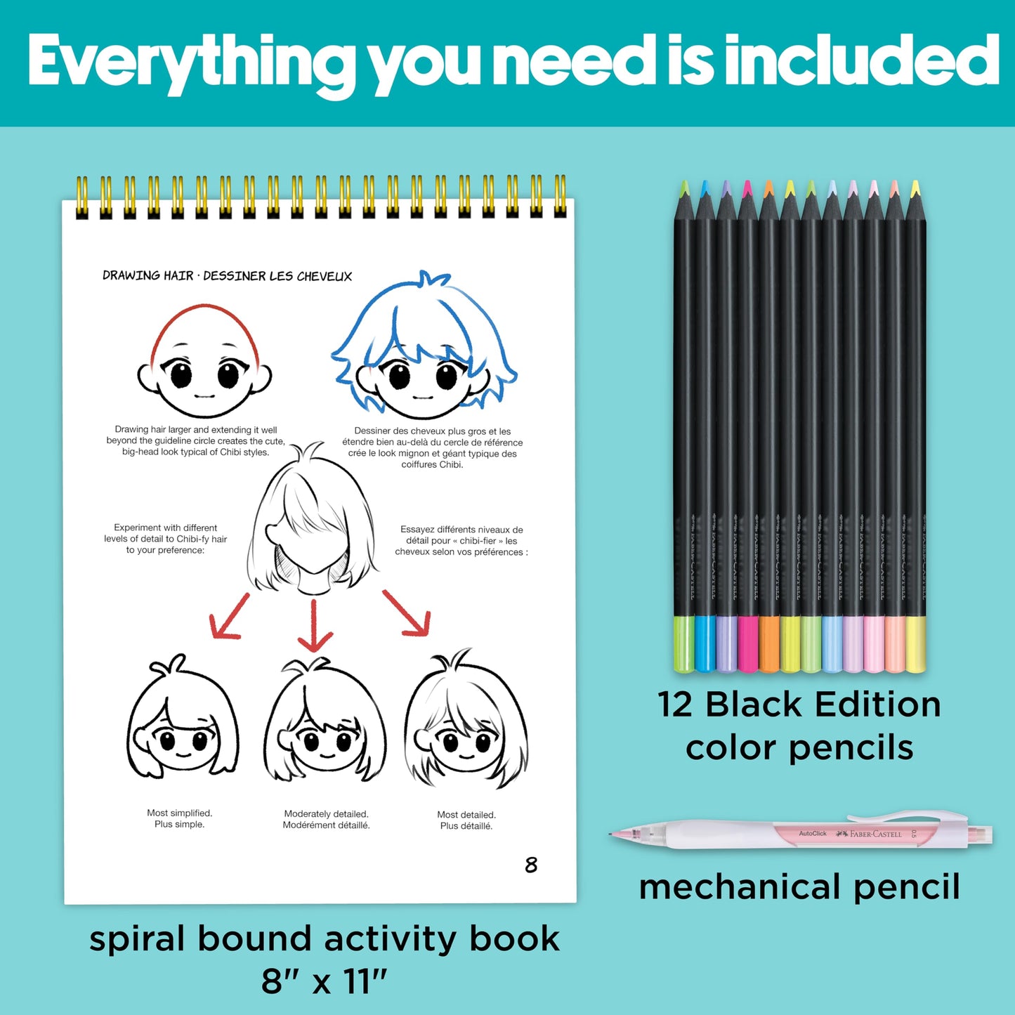 Faber-Castell Anime Drawing Kit: Chibi Edition | Step-by-Step Instruction Book with 20 Practice Pages, Color Pencil Set & Drawing Supplies for Kids