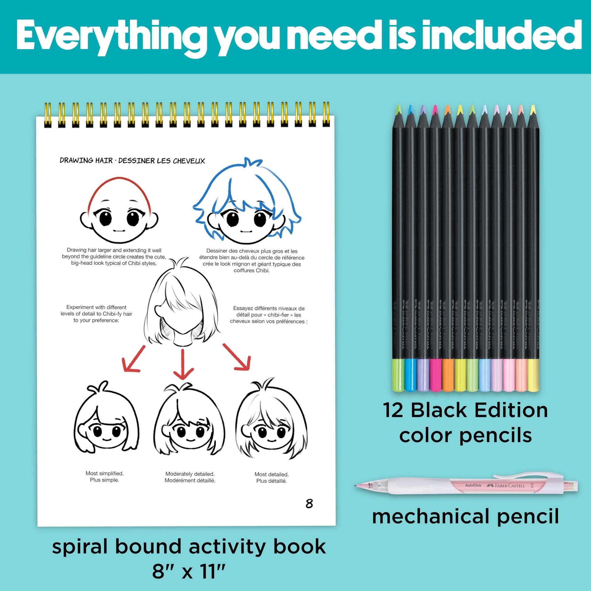 Faber-Castell Anime Drawing Kit: Chibi Edition | Step-by-Step Instruction Book with 20 Practice Pages, Color Pencil Set & Drawing Supplies for Kids