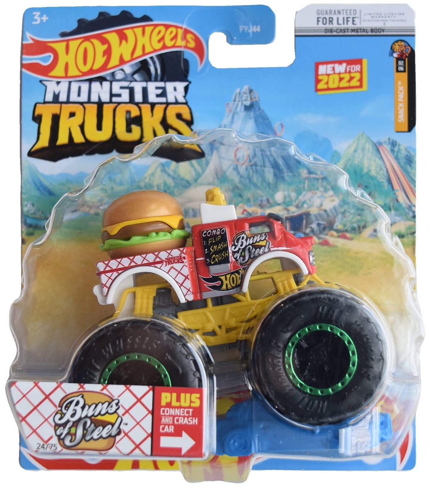 Hot Wheels Monster Trucks Buns of Steel, Plus Connect and Crash Car