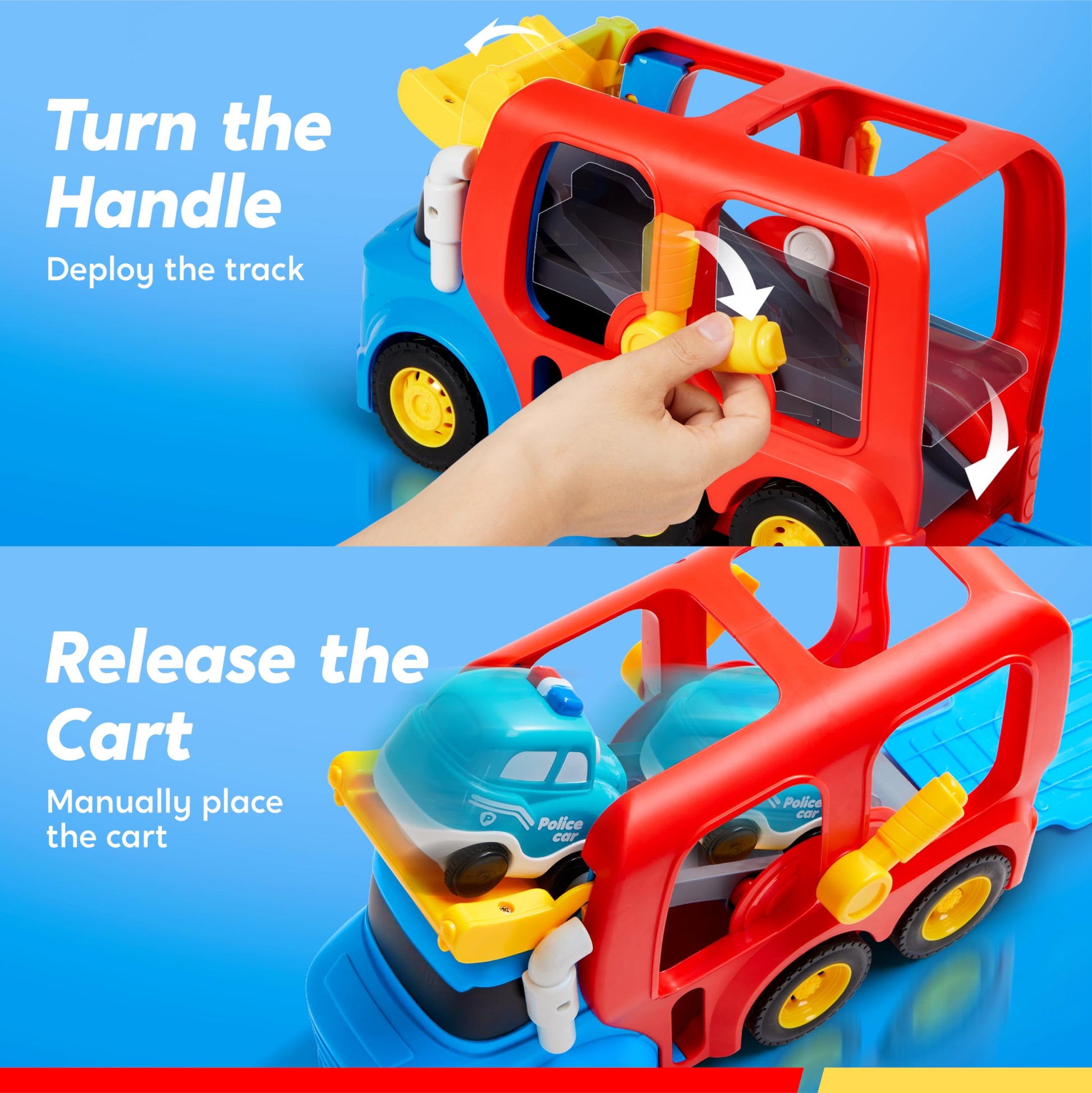 Vroomix JOVA Toddler Truck Toys for Age 2-4, Carrier Transport Trucks for Kids 2 3 4 5 Year Old Boy, 4 Pack Car Toys Including School Bus, Taxi, Fire