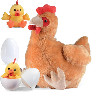 PREXTEX Hen Toy with Two Plastic Easter Eggs and Cute Baby Chicks Inside - Big Mommy Hen Plush with Chicks Zippered in Eggs - Adorable Chicken