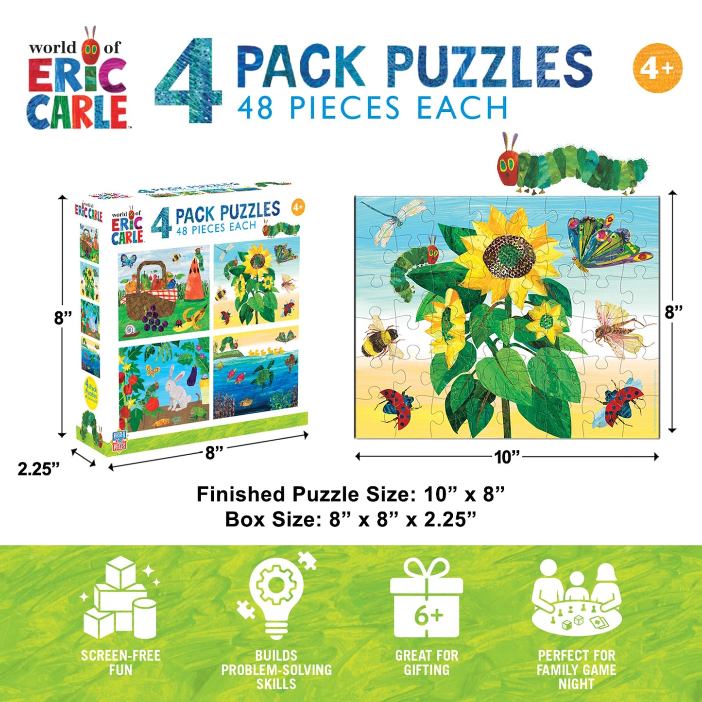 MasterPieces Eric Carle 4-Pack 100 Piece Jigsaw Puzzles - Jigsaw Puzzle with Vibrant Artwork and Durable Pieces - Fun Family Activity, Brain