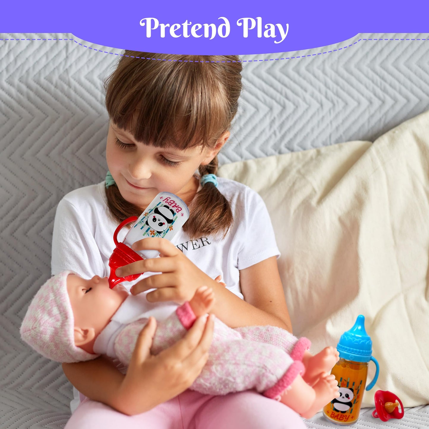 Baby Doll Bottles with Magic Disappearing Milk & Juice Playset, 6pc Pretend Baby Doll Accessories Set 4 Doll Feeding Toy Bottles and 2 Pacifiers
