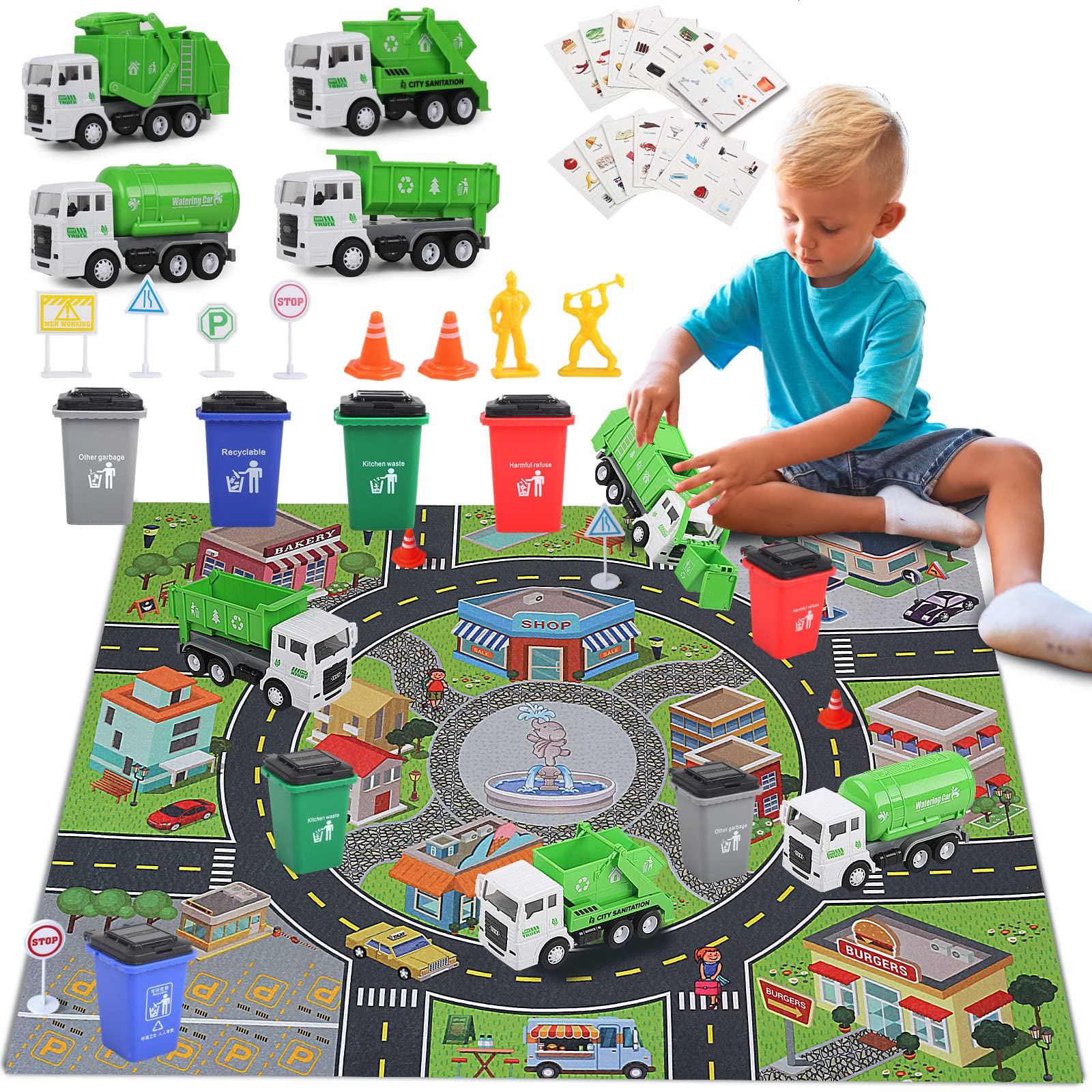 Garbage Truck Toy Vehicles Playset w/Play Mat,Friction Powered Sanitation Truck/Dump Truck/Tipper/Water Tanker,8 Pcs Signposts,6 Pcs Mini Engineer