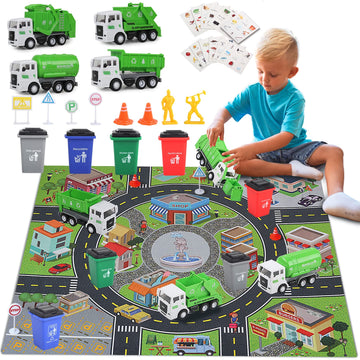 Garbage Truck Toy Vehicles Playset w/Play Mat,Friction Powered Sanitation Truck/Dump Truck/Tipper/Water Tanker,8 Pcs Signposts,6 Pcs Mini Engineer