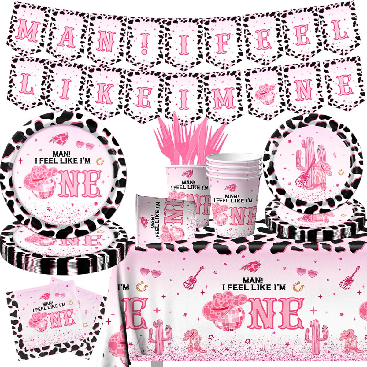 Western Cowgirl Birthday Party Decoration,142Pcs Pink Disco Cowgirl 1st Tableware Set I’m One Cowgirl Plates Napkins Cowgirl Tablecloth for My First