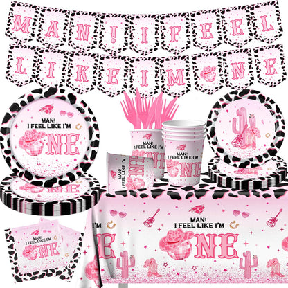 Western Cowgirl Birthday Party Decoration,142Pcs Pink Disco Cowgirl 1st Tableware Set I’m One Cowgirl Plates Napkins Cowgirl Tablecloth for My First