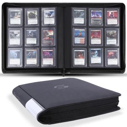 Snekdy Top loader Binder, 9 Pockets Top Loader?Holds 360 Top Loaders cards, Card binder with Sleeves for card in 3 x 4 inches color smooth Zipper PU