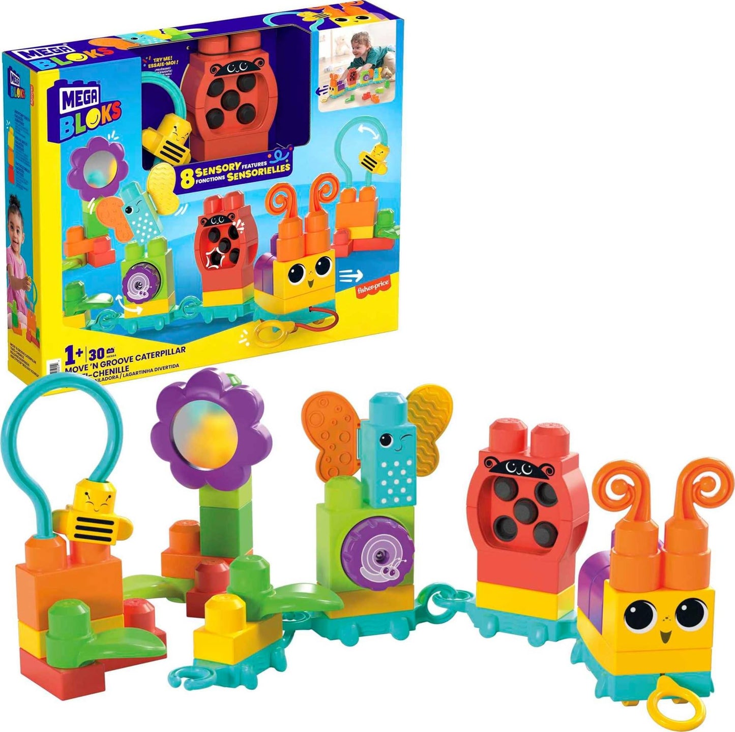 MEGA BLOKS Fisher-Price Toddler Building Blocks Toy Set, Move ‘n Groove Caterpillar Train with 24 Pieces, Ages 1+ Years
