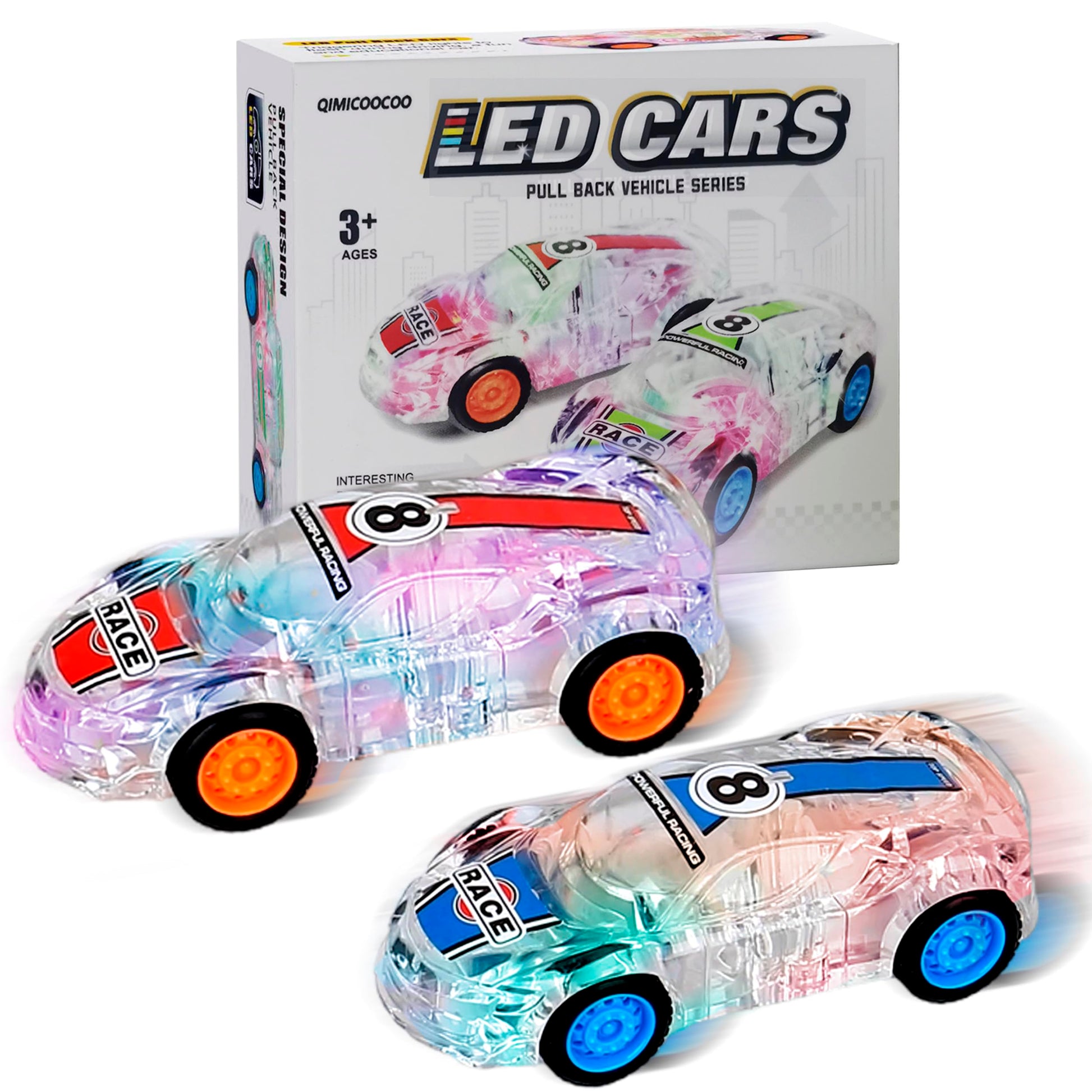 Qimicoocoo Race Cars Toys LED Light Up Kids Toys Pull Back Cars Set 3 4 5 6 7 8 Years Kids Birthday Party Gift