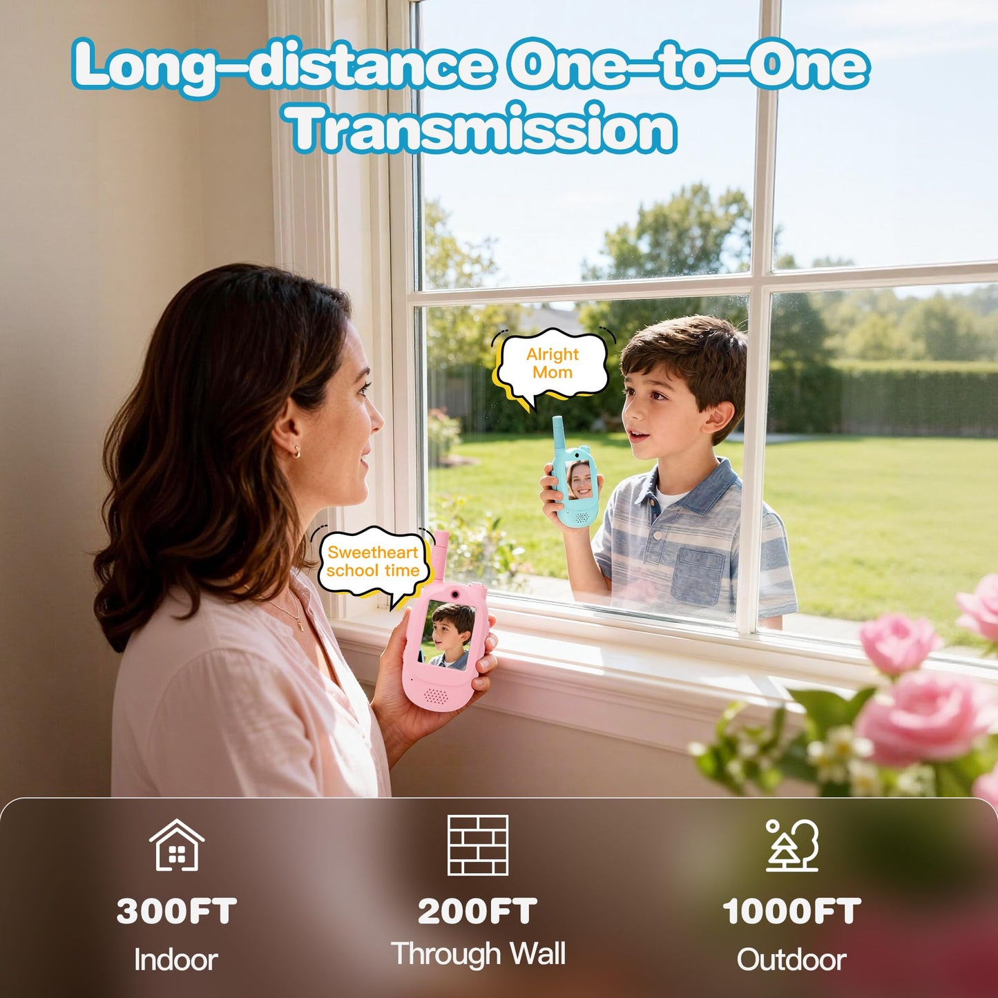 Video Walkie Talkies for Kids, Blue/Pink 2 Pack 1000 mAh Rechargeable Long Range Video walkie talkies, 3 Wearing Options Indoor Outdoor Toys for