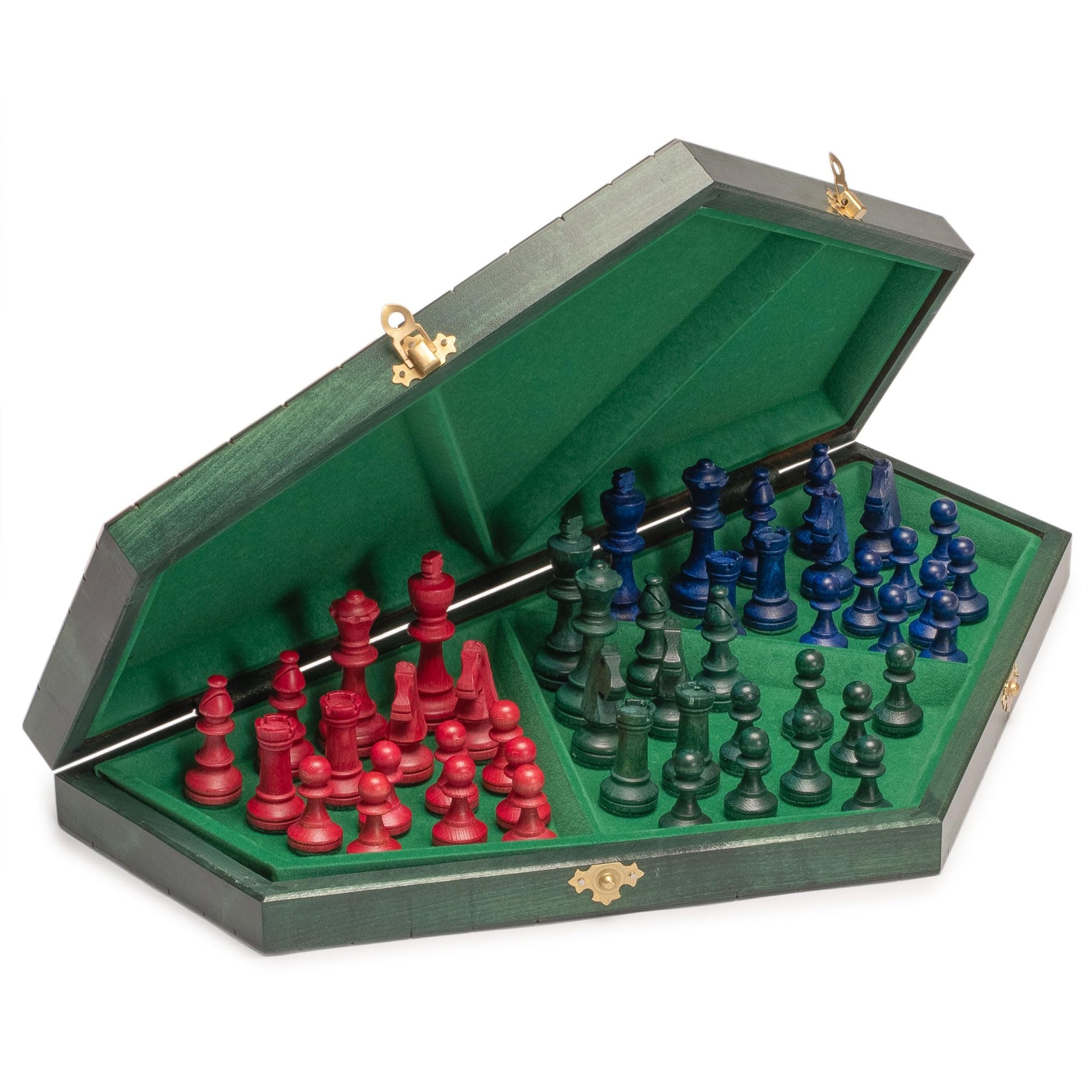 Husaria Wooden Three-Player Chess Set - 21" Foldable Hexagonal Board with Hand-Carved Tri-Color Pieces & Felt Storage - Made in Poland