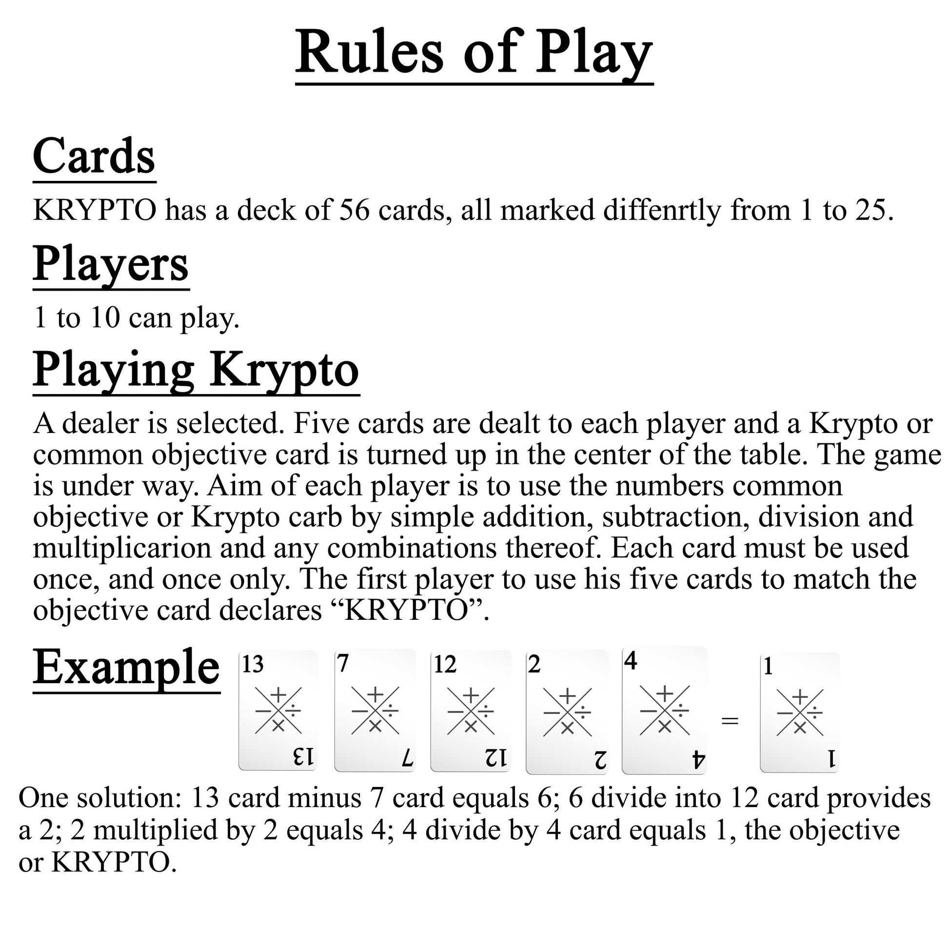 Krypto Original Arithmetic Game - Card Game of Multiplication Division, Addition, Subtraction