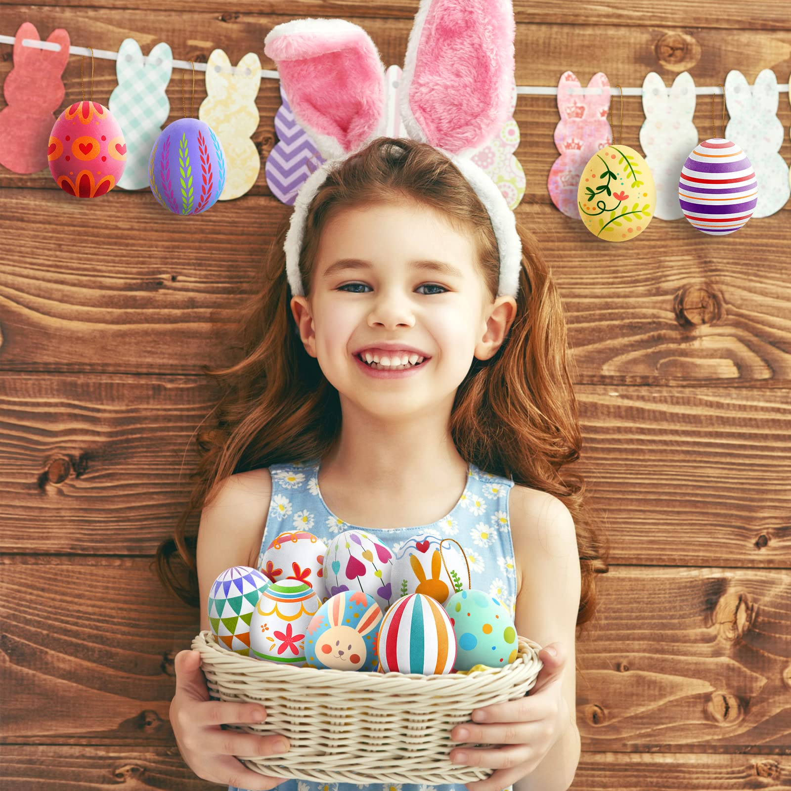 SpringFlower White Easter Eggs Painting Kit-24 Paintable Flocking Eggs with Doodle Kit for DIY Design-Hanging Flocking Eggs with Rope for Easter