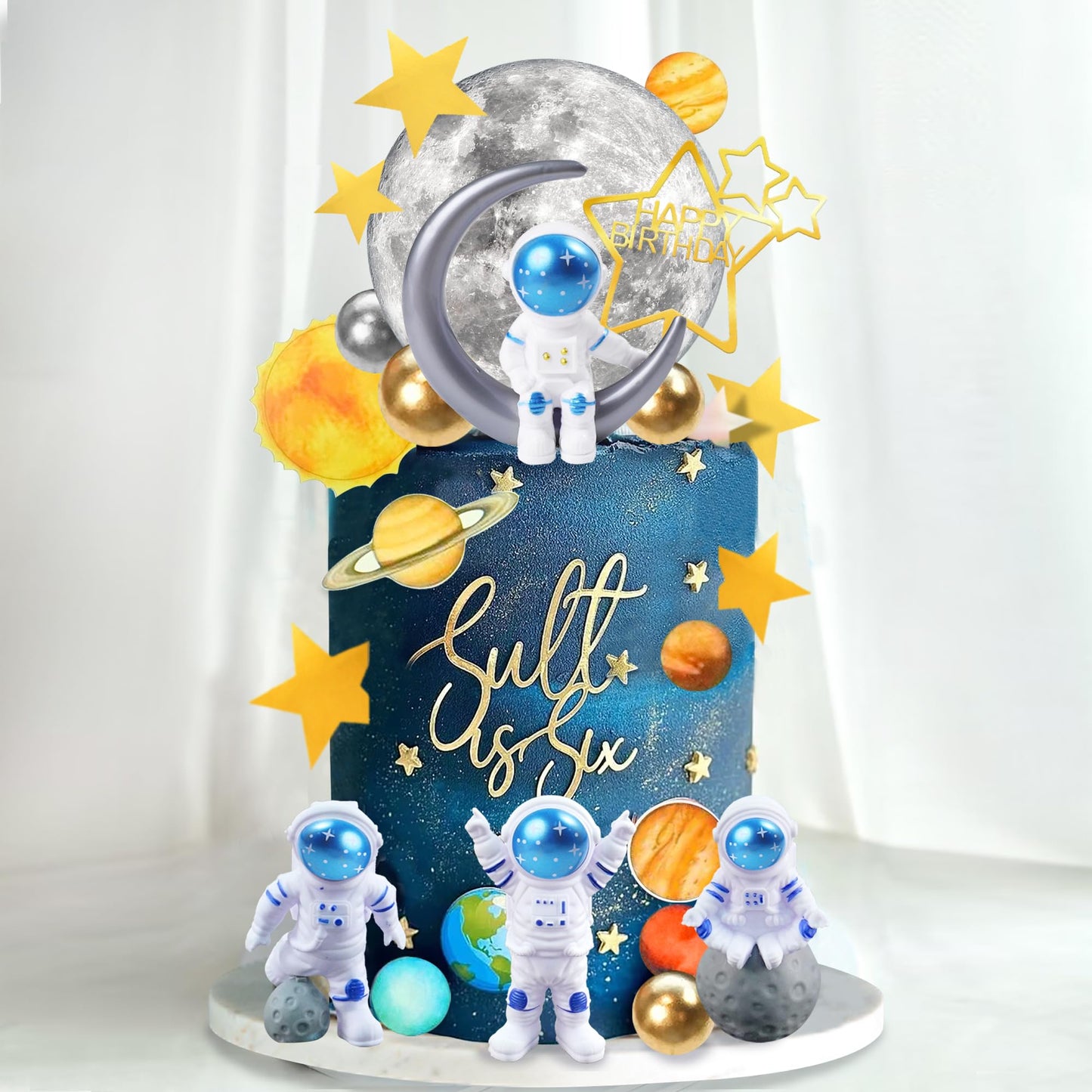 34 PCS Space Cake Toppers Outer Astronaut Figurines Planet Satellite Balls and Stars for Space Theme Birthday Supplies (Planet)