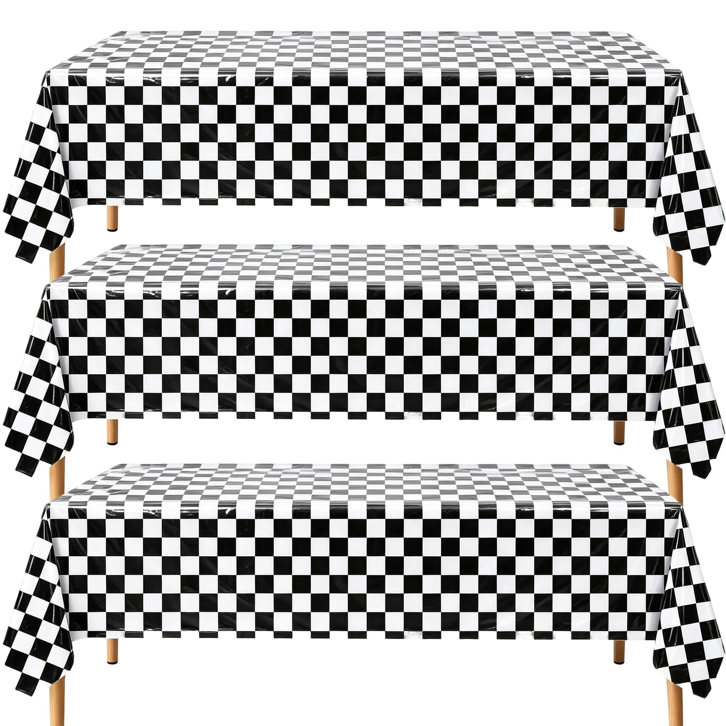 PPXMEEUDC 3 Pack Black White Checkered Tablecloth, 54 x 108 Inch Waterproof Disposable Plastic Rectangular Table Covers for Race Car, Poker, Chess