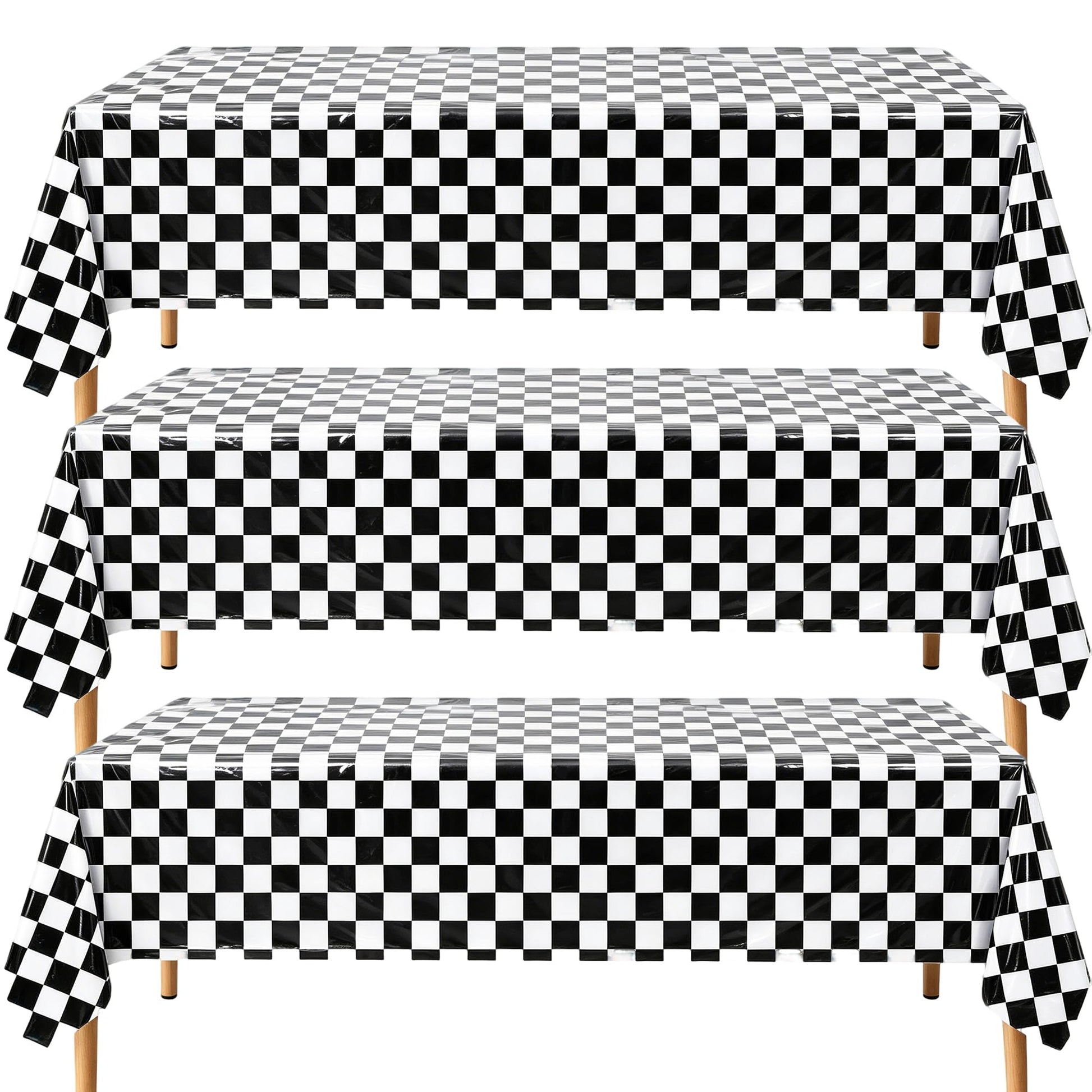 PPXMEEUDC 3 Pack Black White Checkered Tablecloth, 54 x 108 Inch Waterproof Disposable Plastic Rectangular Table Covers for Race Car, Poker, Chess