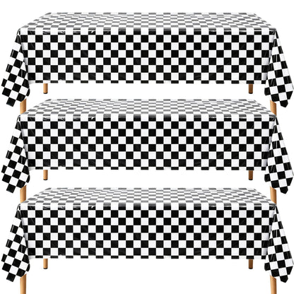 PPXMEEUDC 3 Pack Black White Checkered Tablecloth, 54 x 108 Inch Waterproof Disposable Plastic Rectangular Table Covers for Race Car, Poker, Chess