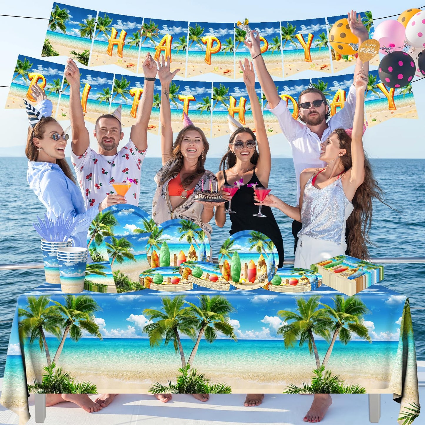 Beach Birthday Party Decorations, 142PCS Beach Party Paper Plates Napkins Tablecloth for Summer Tropical Hawaiian Party Decorations