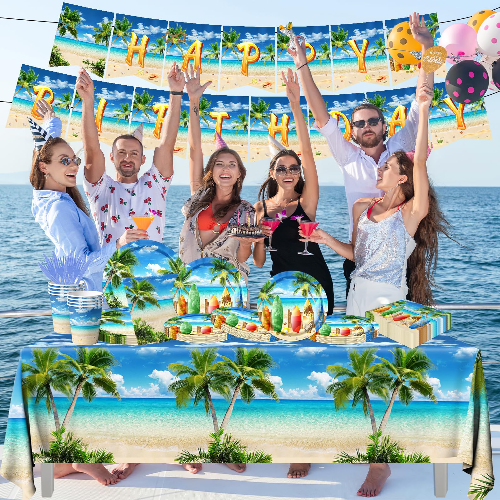 Beach Birthday Party Decorations, 142PCS Beach Party Paper Plates Napkins Tablecloth for Summer Tropical Hawaiian Party Decorations