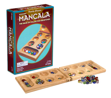 Pressman Mancala Board Game | Fun Classic Table for Adults & Kids | Includes 48 Glass Mancala Stones and Wood Hinged Playing Board | 2 Players, Ages