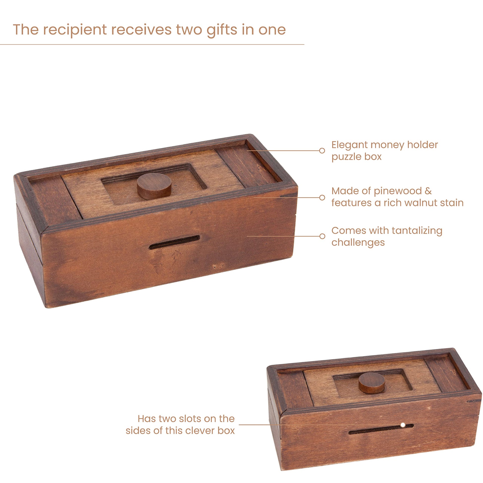 Bits and Pieces Secret Money Puzzle Box - Stash Your Cash Money Holder - Wooden Brain Teaser - Wooden Secret Hidden Compartment (Single Knob Puzzle