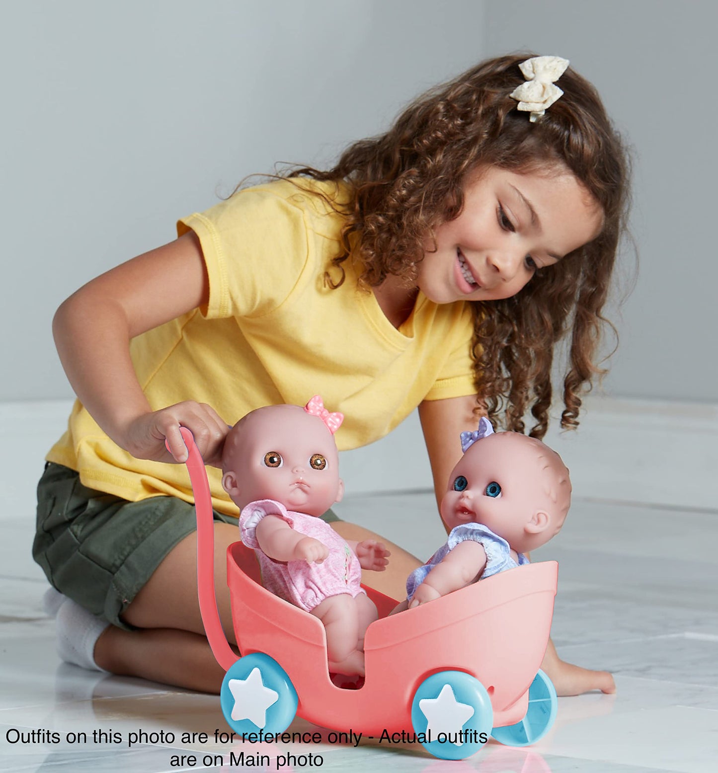 Lil Cutesies TWIN 8.5" All Vinyl Dolls and Stroller Set | Posable and Washable | Removable Outfits |Twin Stroller and Accessory | JC Toys | Ages 2+