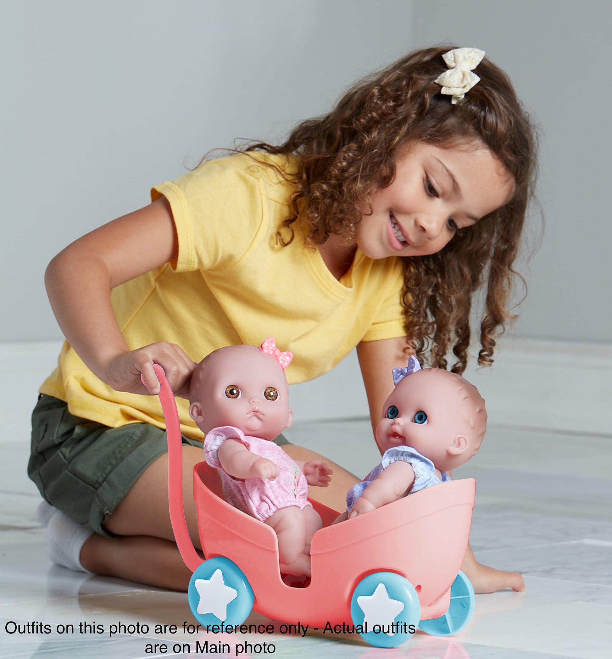 Lil Cutesies TWIN 8.5" All Vinyl Dolls and Stroller Set | Posable and Washable | Removable Outfits |Twin Stroller and Accessory | JC Toys | Ages 2+