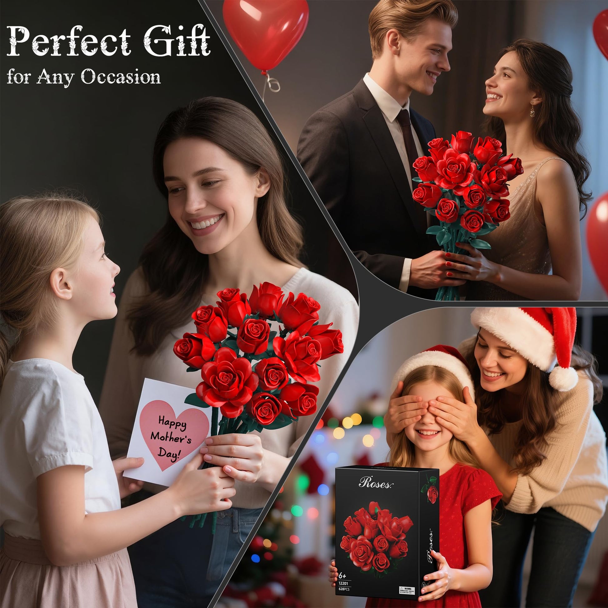Red Roses Flower Bouquet Building Set, Artificial Flowers Botanical Collection Kit for Adults Women & Men - Gift for Mothers Day, Home Room Office